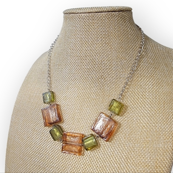 Fall Colors Art Glass Necklace Green Rusty Orange Square Rectangles - Picture 13 of 13